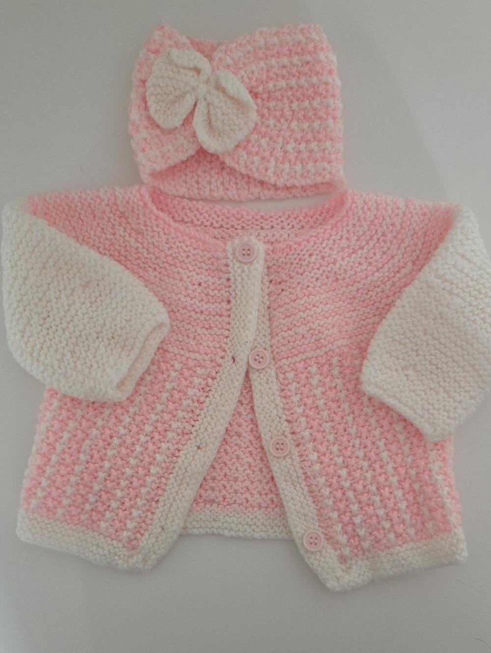 Handmade Baby Cardigan & Bow Headband - Pink & Cream